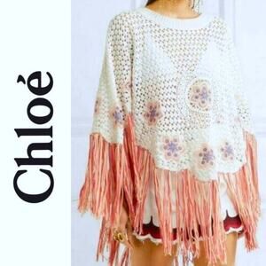 New Chloe Fringed Crochet Poncho $1795 Size M